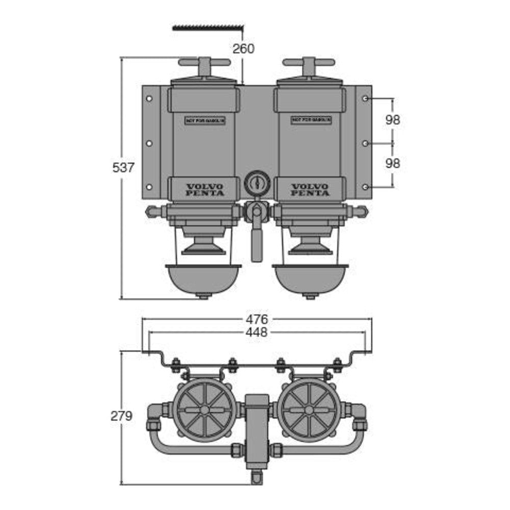 Volvo Penta kaksik-kütusefilter/veeseparaator, valged metallkausid – 889281