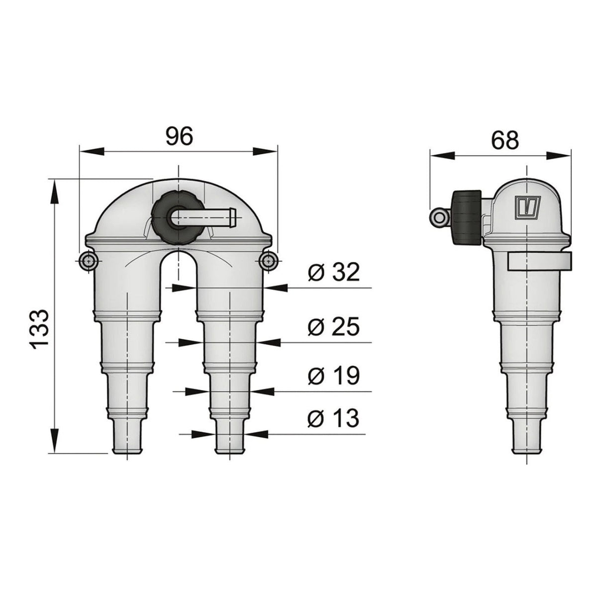 Vetus sifoonikaitse voolikuga (sh 4 m voolikut ja kereläbiviik), 13–32 mm – ASDH