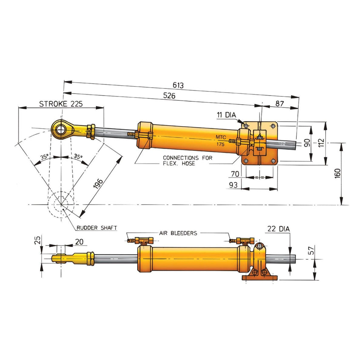 Vetus hüdrauliline roolisilinder MTC175, Ø 10 mm torule (koos 10 mm liitmikega) – MTC17510